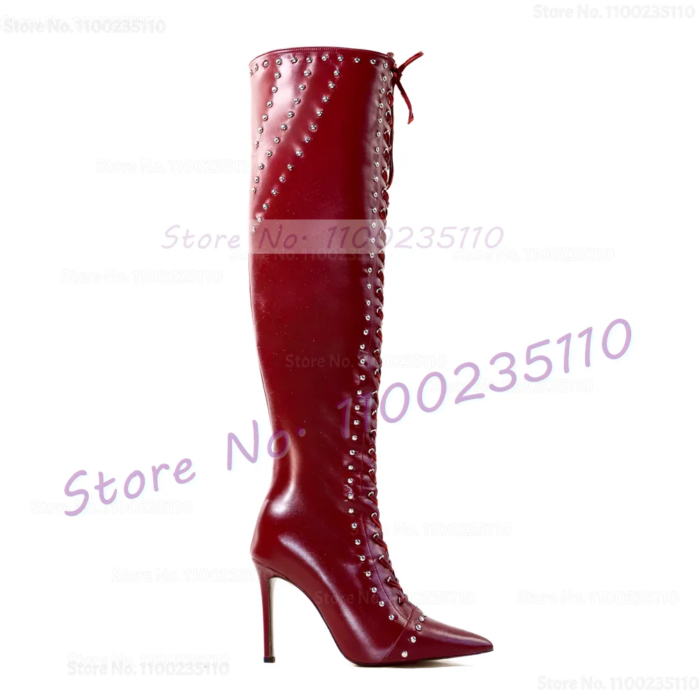 Sparkly Metal Studs Red Knee Length Boots Women Sexy Pointed Toe Thin Heel Front Cross Tied Boots Trendy Big Size Tall Boots
