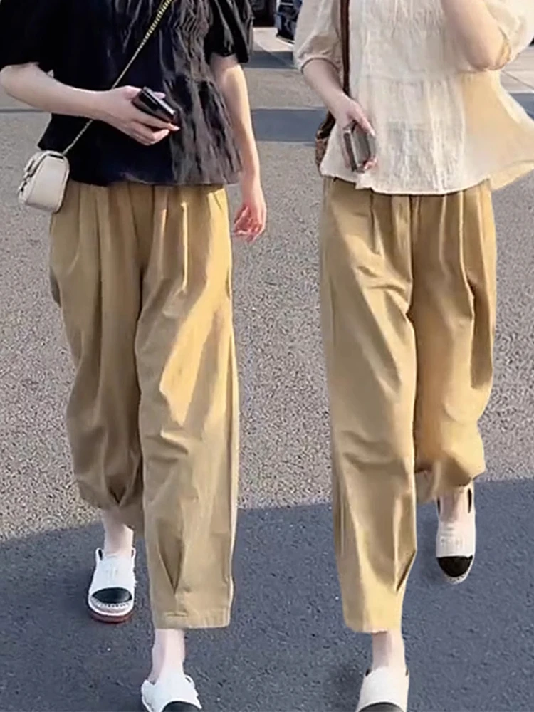 High Waist Wide Leg Nine Points Casual Pants Women's Loose Banana Harlan Pants Summer Thin Version Comfortable Soft Polyester
