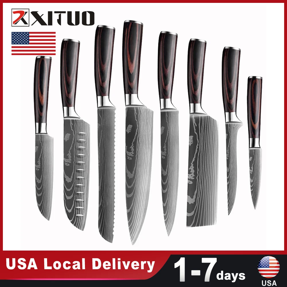 USA Warehouse Fast Shipping Stainless Steel 8PCS Set Knives Wooden Handle Kitchen Boning Knife Slicing Fruit Knife Chef's Knife