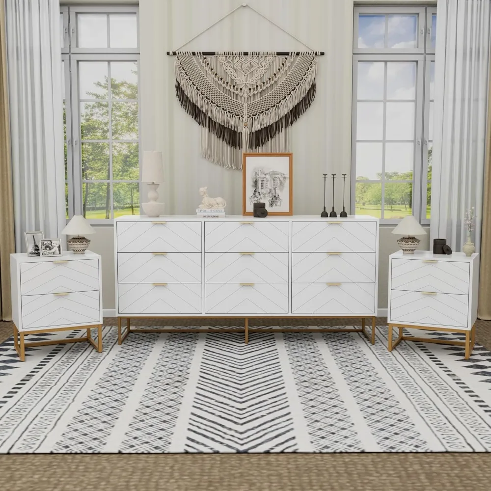 

Contemporary 3-Piece Dresser Set with 9-Drawer Dresser and Pair of 2-Tier Nightstands for Bedroom Storage
