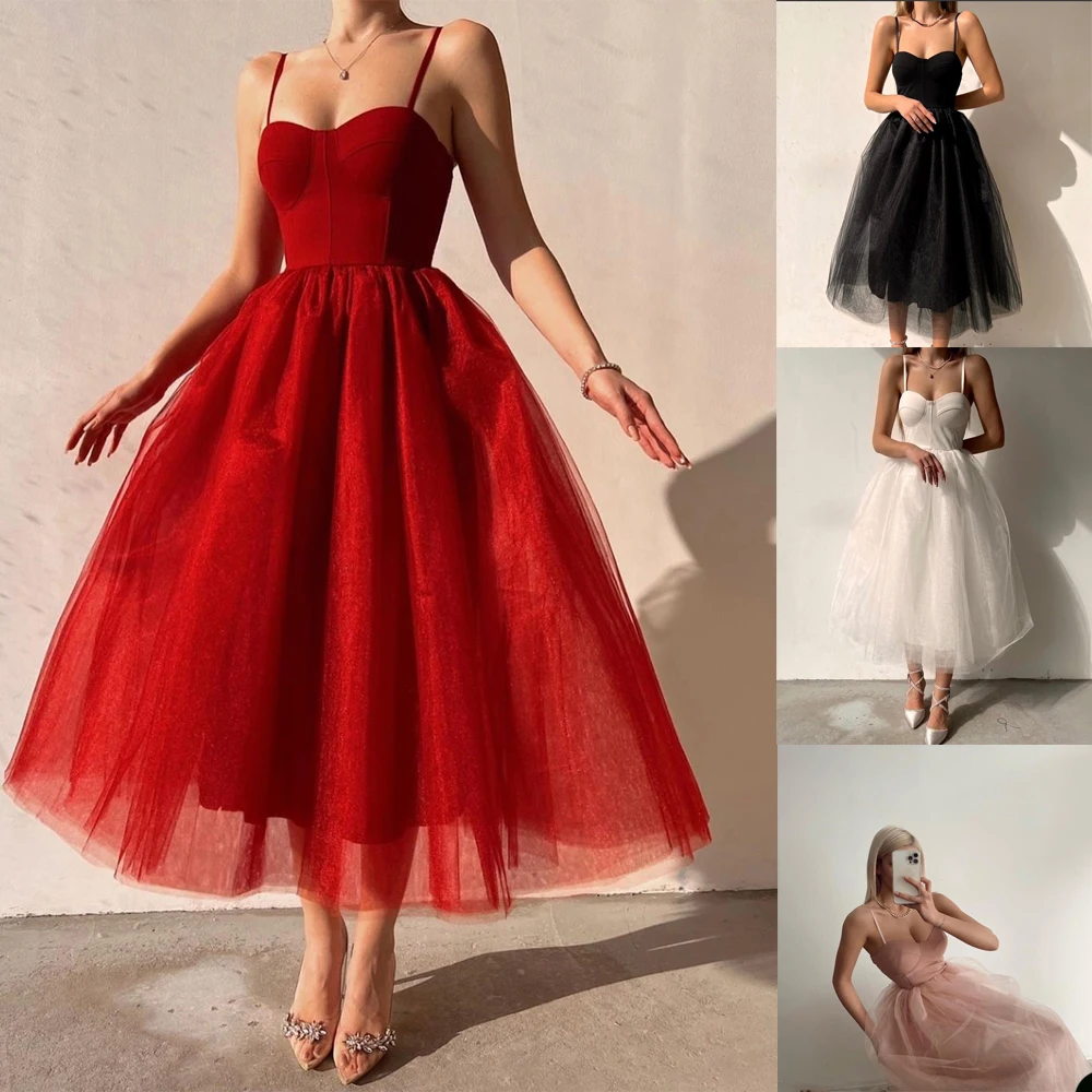 Simple Prom Dresses For Women Spaghetti Strap Sweetheart Dress Slim Fit Gown Party Tea-Length Skirt Gala