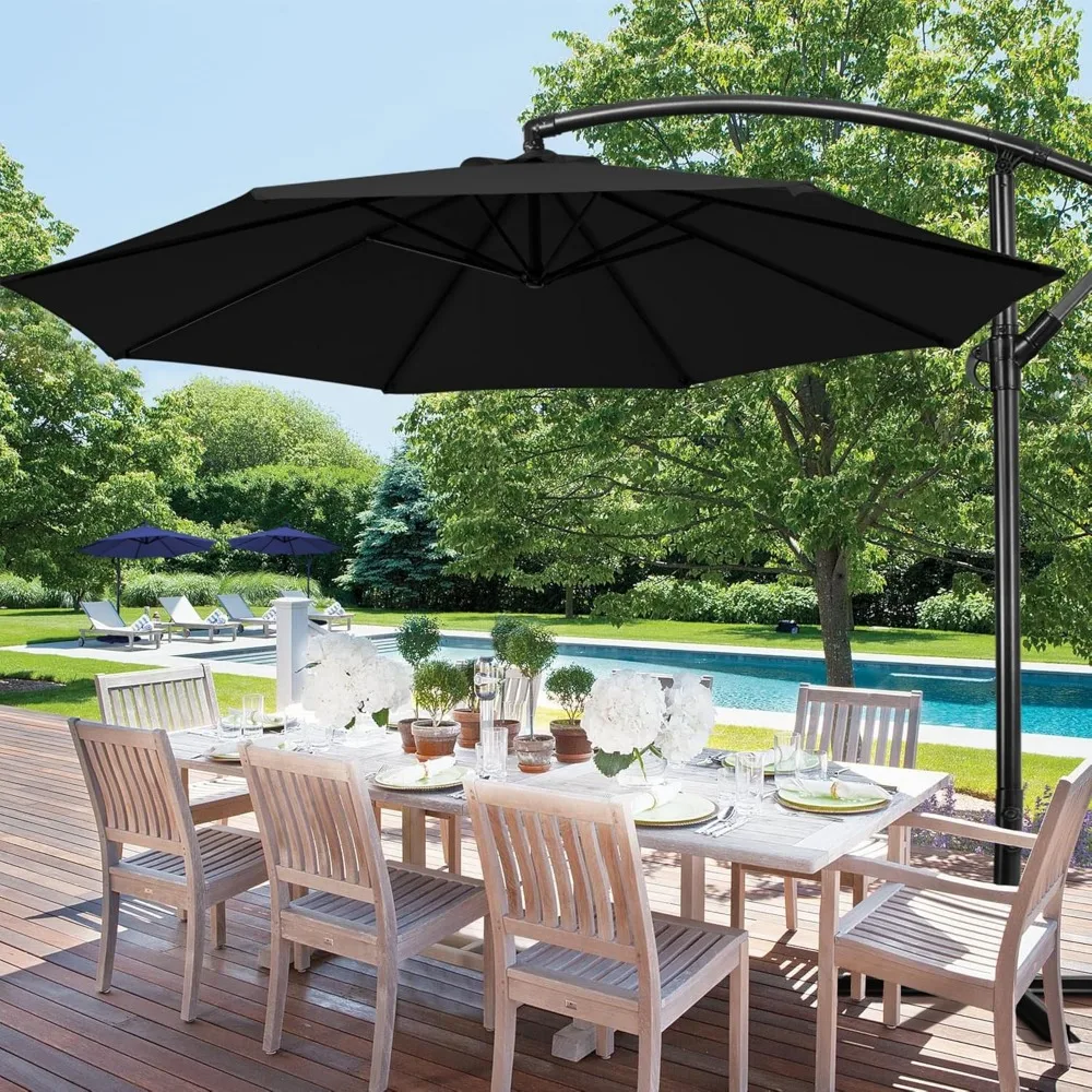 10FT Patio Offset Umbrella - Cantilever Hanging Outdoor Umbrellas w/Easy Tilt & Cross Base for Market/Garden/Lawn/Deck