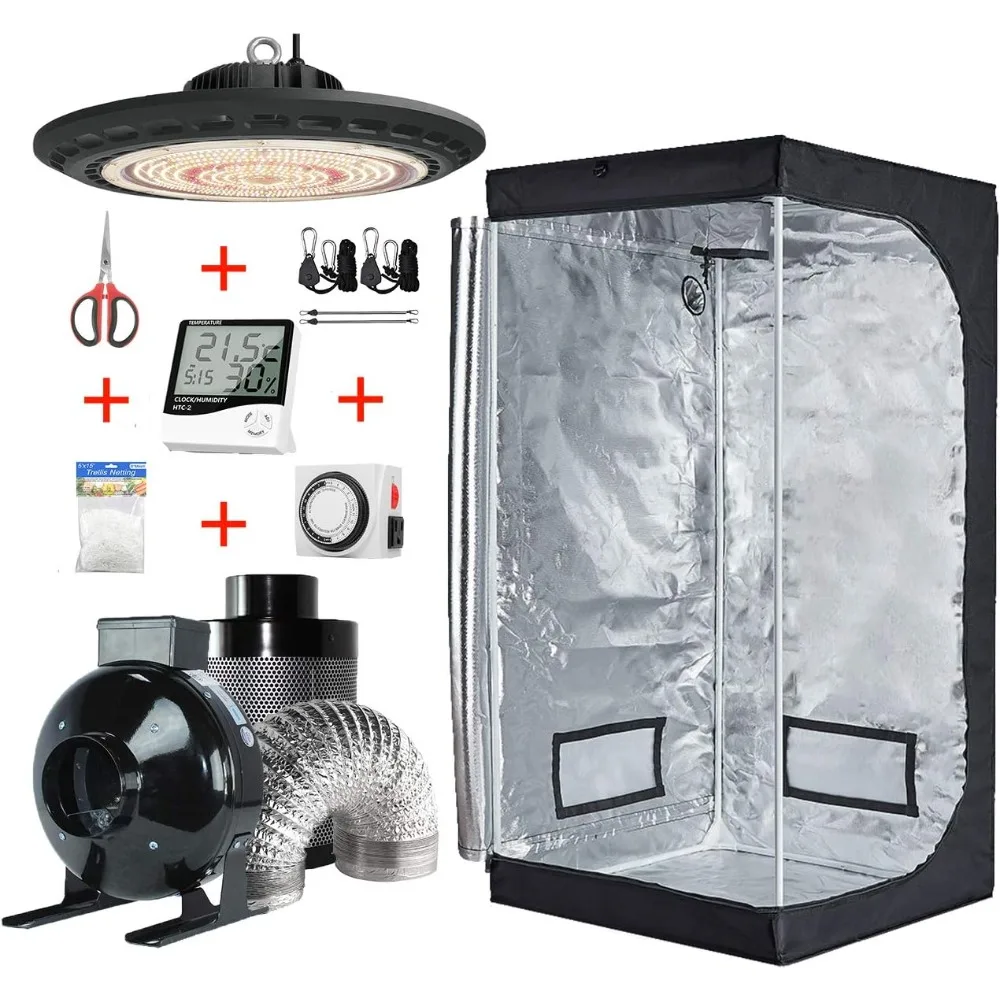 

32'' Grow Tent Complete Kit，UFO LED 200W Grow Light + Fan Filter Ventilation Kit + Hydroponics Indoor Growing System，Grow Tent