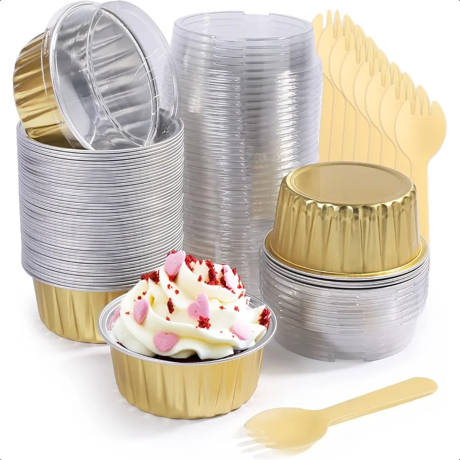 

50Pcs 5oz Disposable Ramekins Mini Round Cake Pans with Lids Aluminum Foil Baking Cups Mini Pie Pans Cupcake Containers Gold