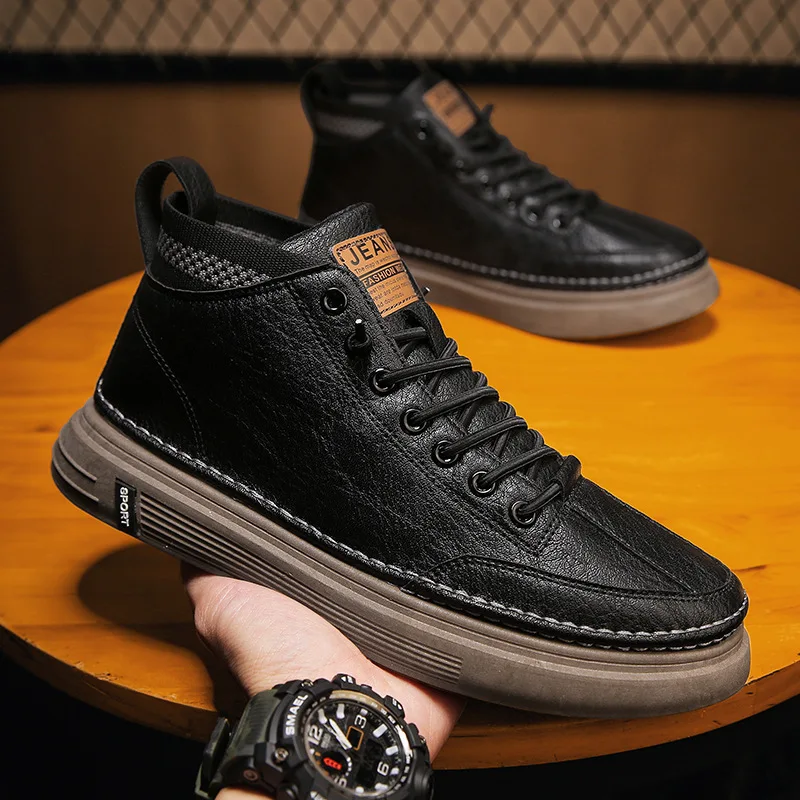 

Spring 2025 High Top Men's Sport Shoes Breathable Korean Style Casual Shoes All-Match Board Shoes Student Leather Shoes