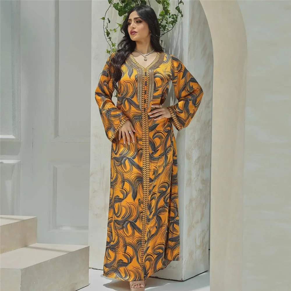 Fashion Muslim Women Diamonds Abaya Floral Print Maxi Dress Ramadan Kaftan Islamic Arab Robe Jalabiya Evening Party Gown Vestido