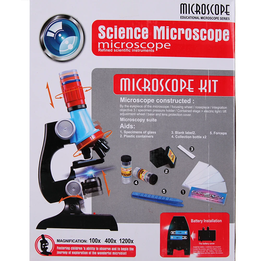 Kids Educational Microscope Kit Science Lab LED 100-1200X Toy Home School