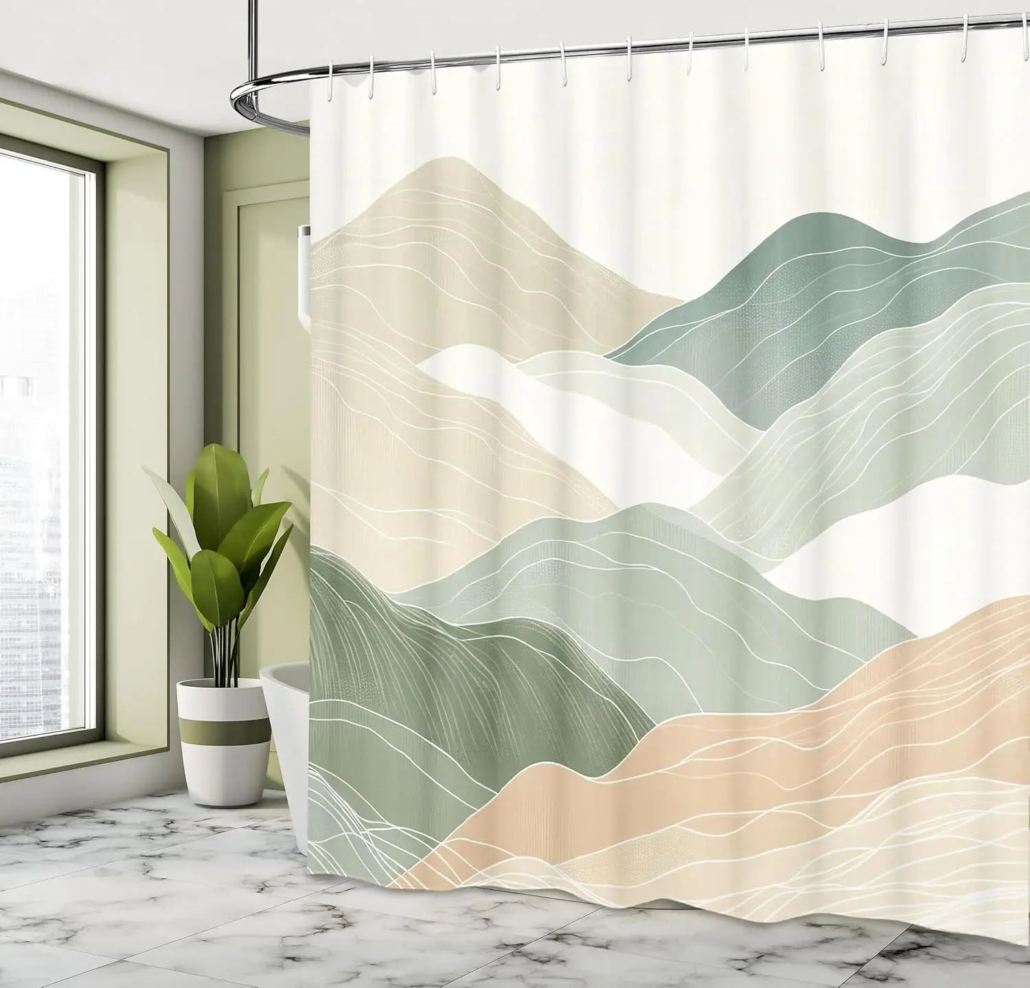 

Нейтральная занавеска для душа, абстрактная картина карандашом, принт горов с гармоничными пастельными тонами, тканевая ванная комната