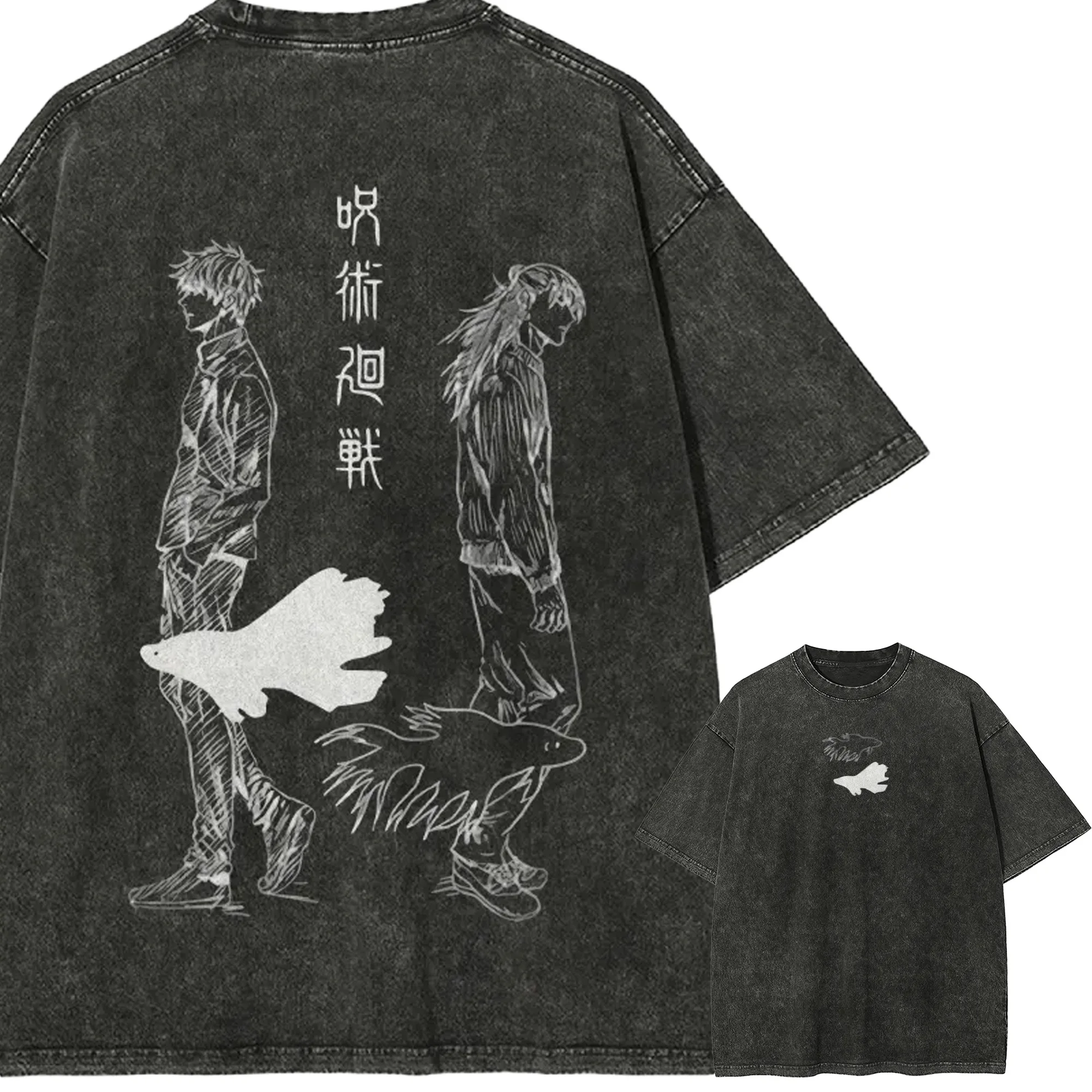 Gojo und Geto T-Shirt Jujutsu Kaisen Herren Acid Wash Rücken-Print Fisch Anime Grafik Baumwolle Streetwear Trauriges Duo Vintage Bootleg Tee