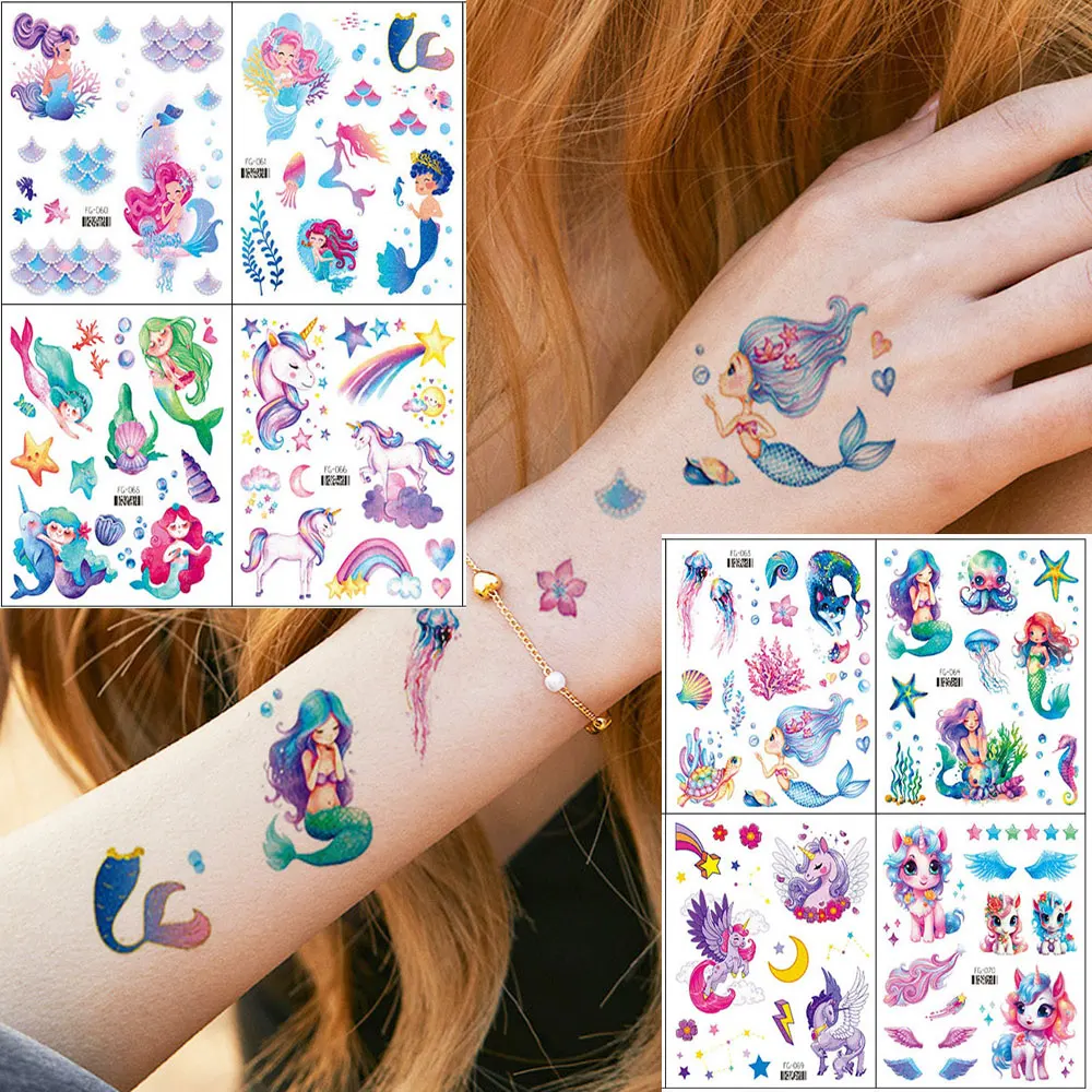 

12pcs Glitter Mermaid Unicorn Waterproof Temporary Tattoos Rainbow Flash Cartoon Tattoo Body Fake Tattoo