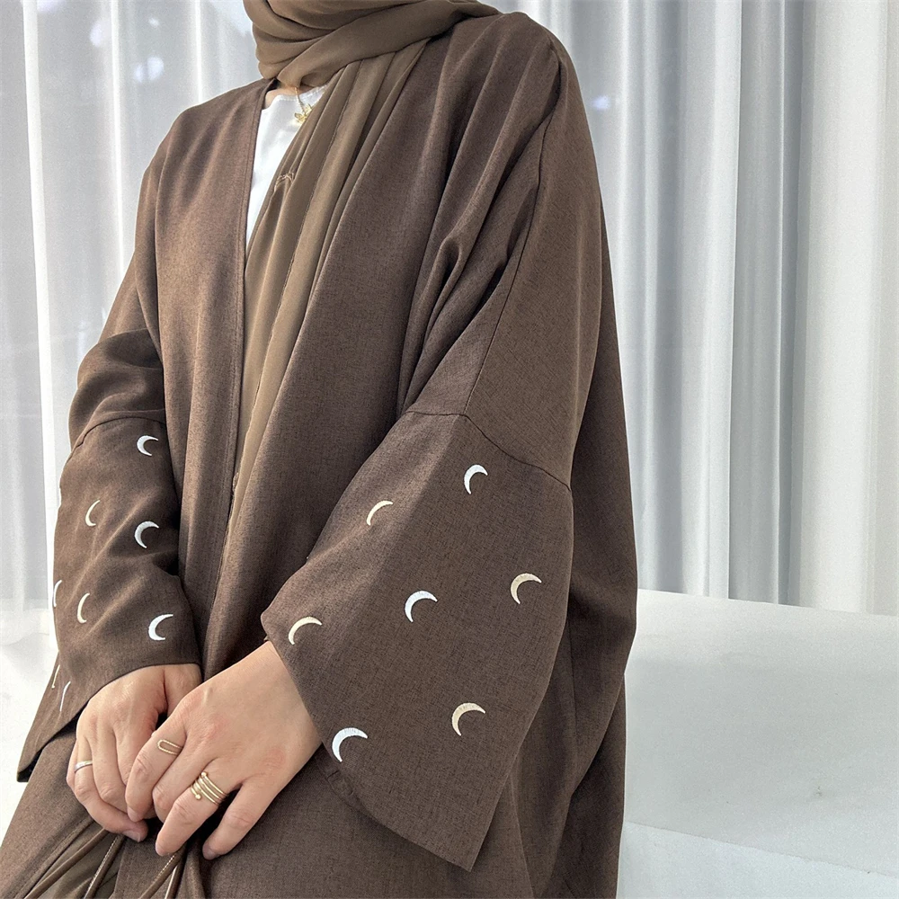 Imagem -02 - Lua Bordado Abaya para Mulheres Muçulmanas Cardigan Aberto Vestidos Maxi Turquia Kimono Islâmico Dubai Robe Árabe Eid Ramadan Caftan Jalabiya