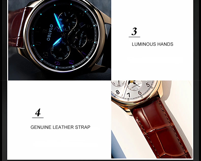 OBLVLO Men Automatic Watch 40mm Mechanical Wristwatch 5ATM Luminous Month,Week,Date,24 Hours TY1654 view 6