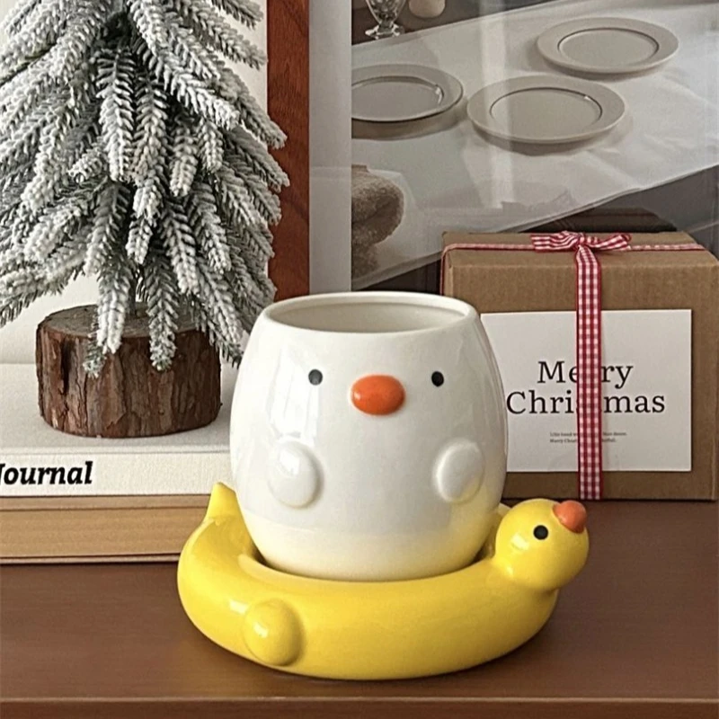 Creative Yellow Duck Ceramic Cup Plate Cute Duckling Swimming Circle Ceramic Coffee Cup Plate Cartoon Handheld Breakfast Gift