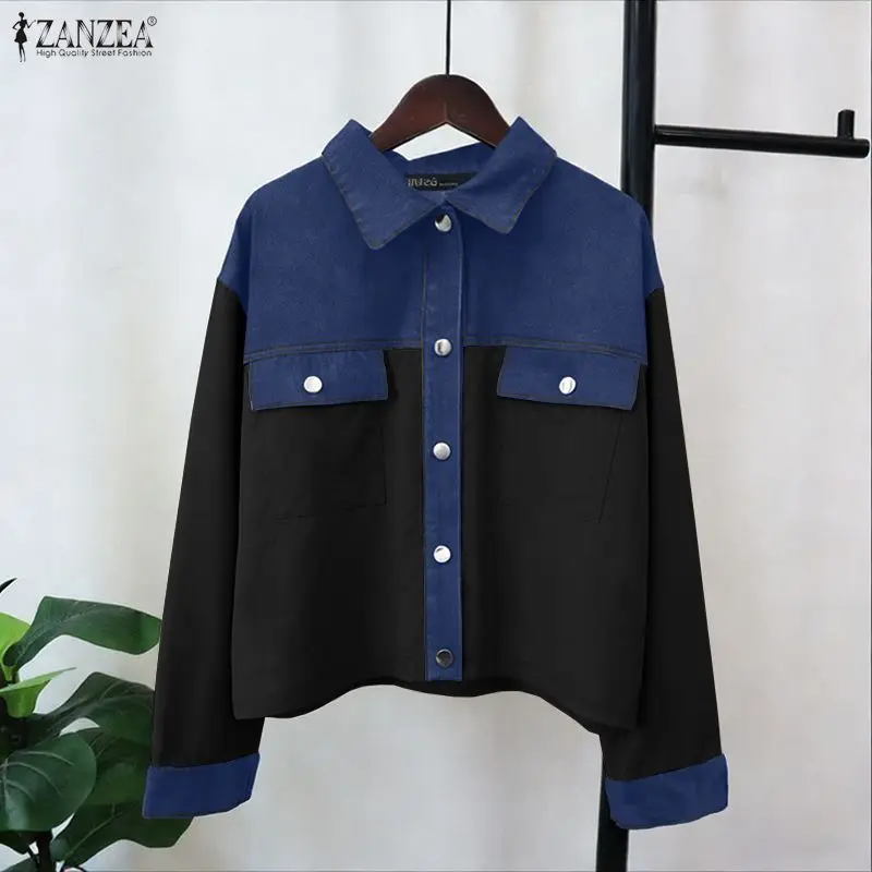 

Women's Spring Denim Patchwork Jackets Contrast-Color Turn-Down Collar Long Sleeve Button Up Overshirt ZANZEA Casual Outerwear