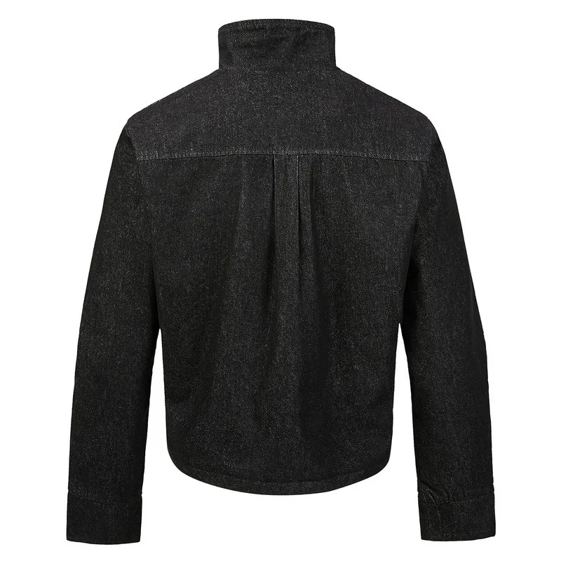 2026 New Men Black Cropped Denim Coat American High Street Stand Collar Asymmetric Oblique Placket Button Male Jacket Streetwear