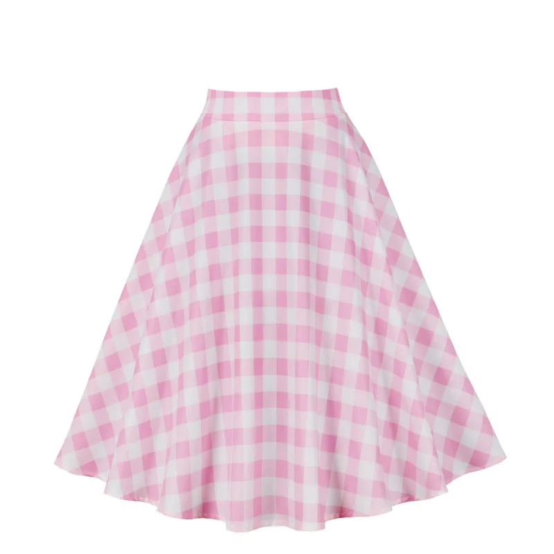 

SkirtSkirtSkirtskirt European And American Barbie Pink Plaid Waist-Tight Cute Sweet Large Swing A- Line Skirt Dress Dressdrdress