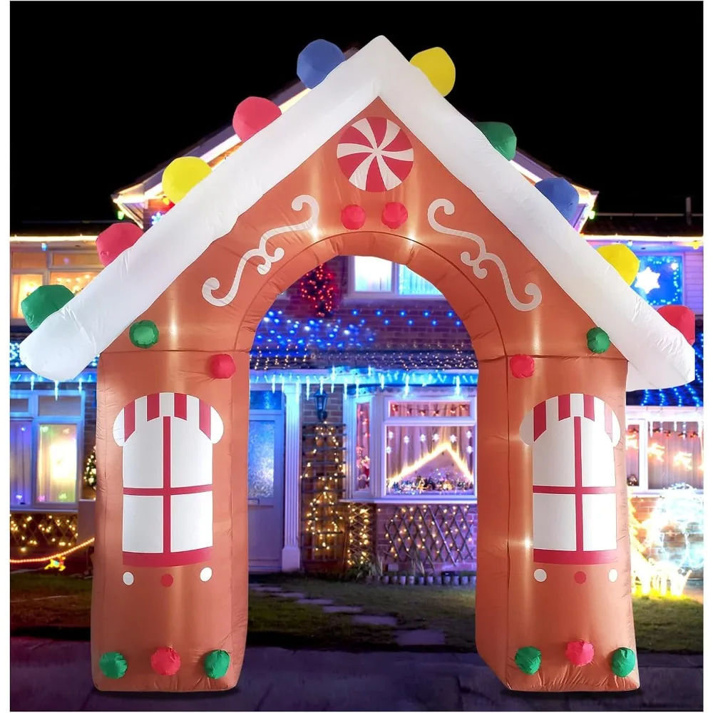 

10FT Christmas Inflatables Gingerbread House Archway Outdoor Decorations, Giant Christmas Arch Blow Up Yard Decorations with LED