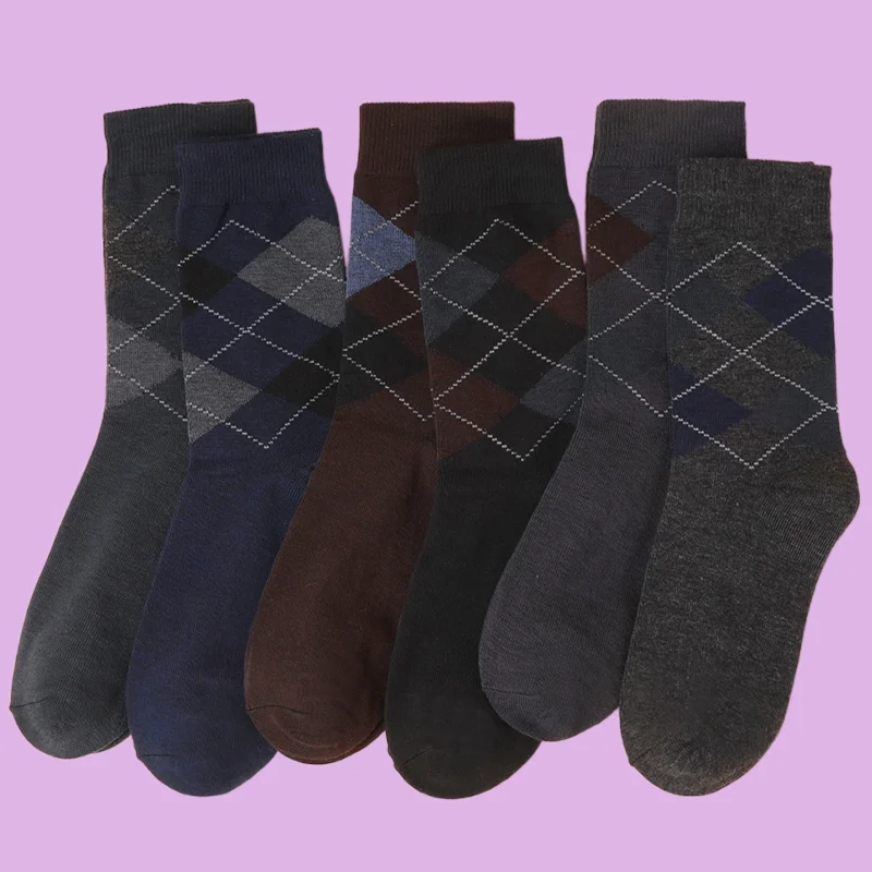 Chaussettes mi-tube à motif de diamant pour hommes, style britannique, affaires de documents solides, grande taille, coton, nouveau, 6/12 paires