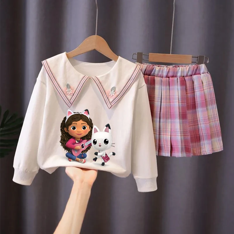 Gaby's Dollhouse Clothes Sets Dress For Girls Spring Autumn Teen Kid Navy Collar Tops+Plaid Pleated Skirt Suit Children Clothing