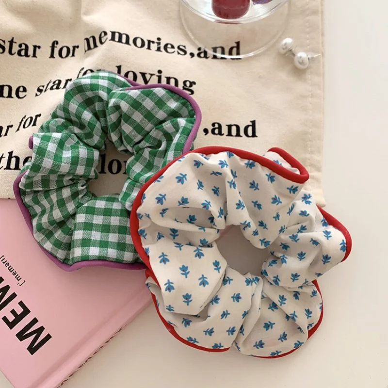 Korean Fashion Floral Plaid Scrunchie Women Girls Flower Elastic Hair Rubber Bands Accessories Tie Hair Rope Headdress Headwear