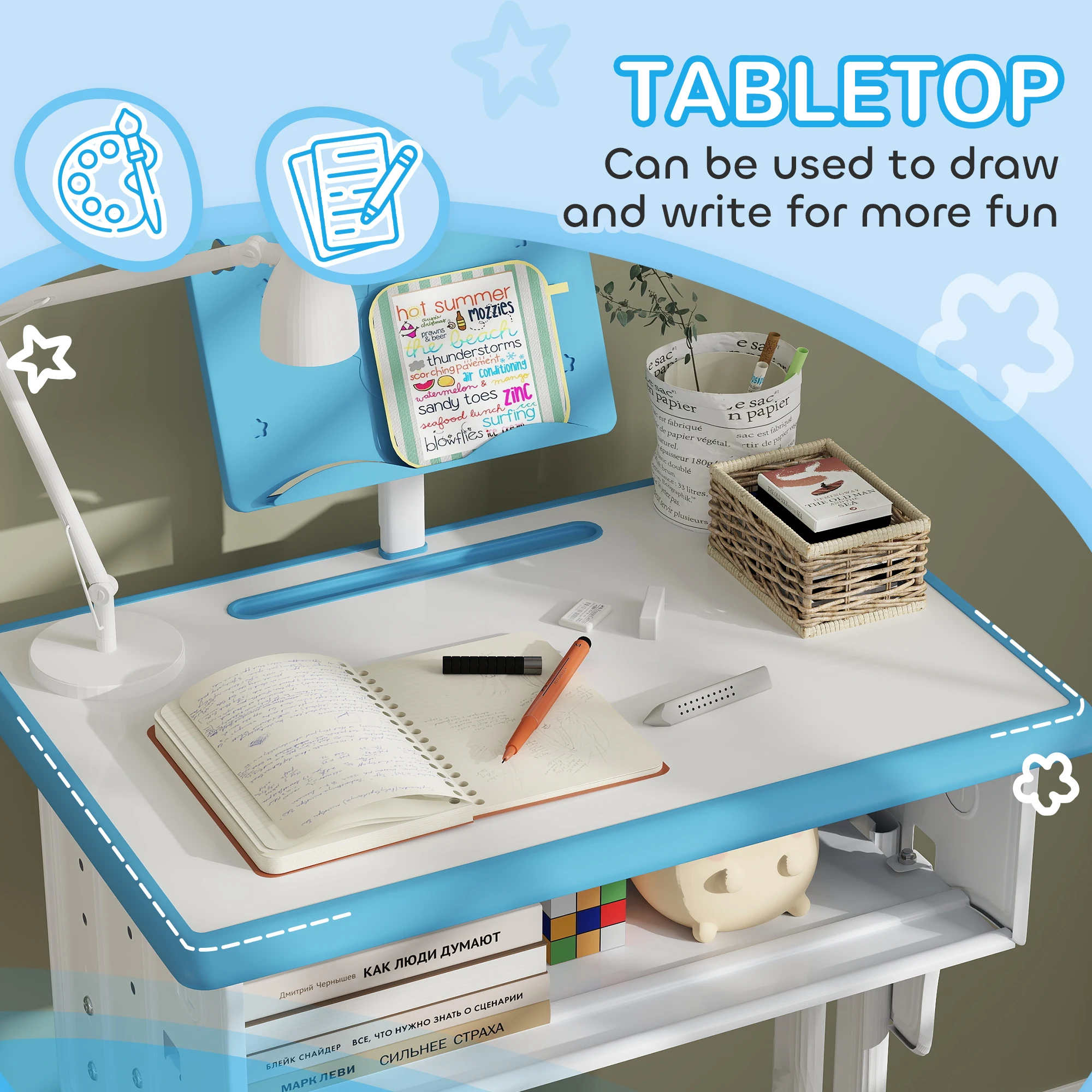 HOMCOM Kids Desk and Chair Set Adjustable Height Drawer Book Stand Blue