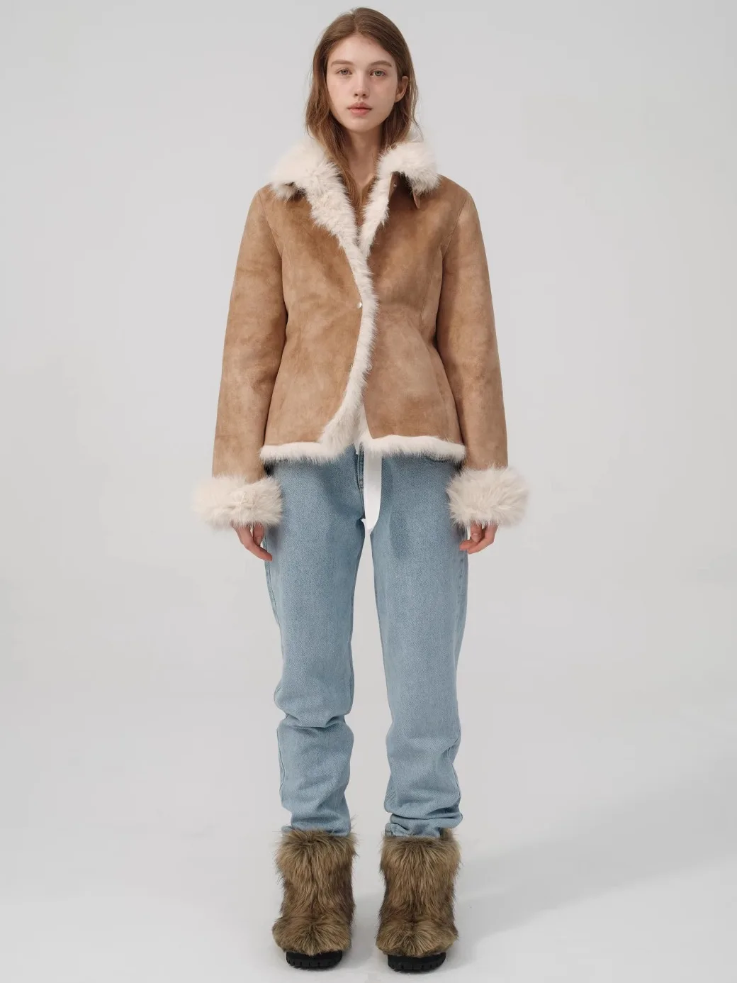 Jaet intercato in pelliccia e pelle ecologico per le donne Pendolari Sle Slim Fit Lungo Sve Thiened Autumn Season Button Cl...