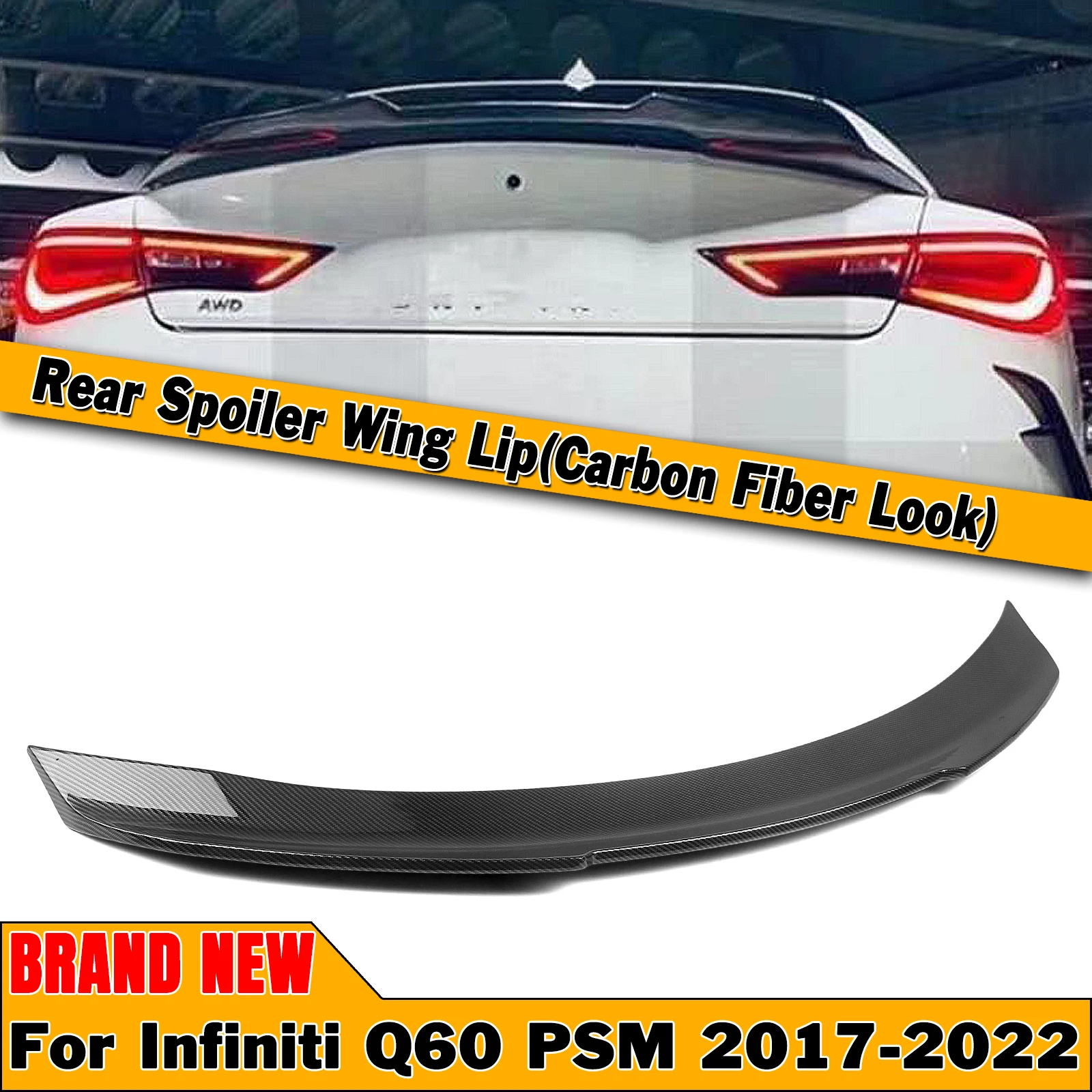 

Rear Spoiler Wing Lip For Infiniti Q60 2017-2022 2 Door Coupe PSM Style Carbon Fiber Look/Gloss Black Tail Trunk Lid Splitter