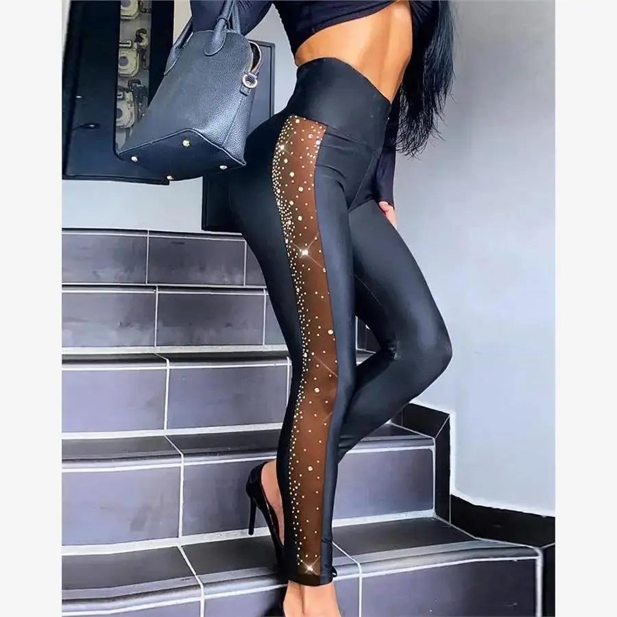 

Узкие брюки с высокой талией и стразами, уличные лоскутные облегающие длинные брюки для женщин, весна 2023, Faion