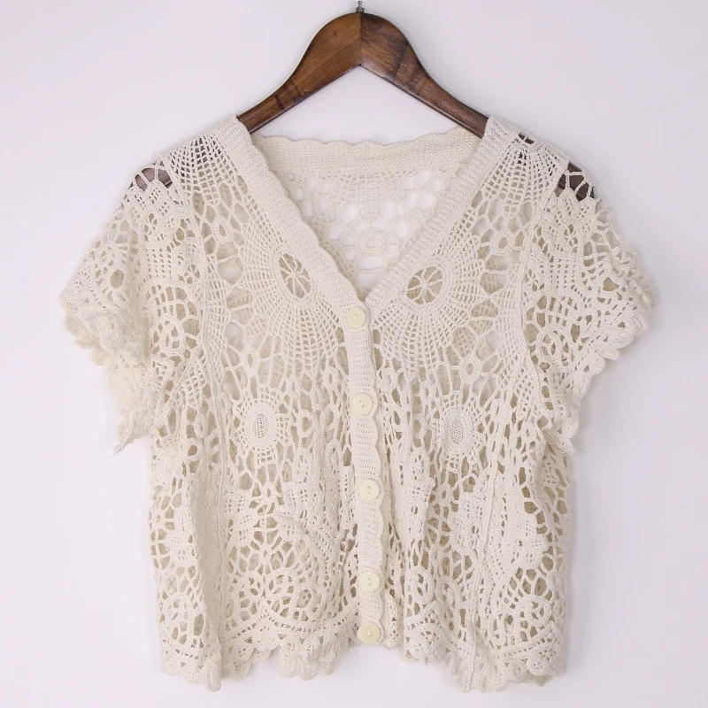 Women French Style Short Sleeve Lace Shrug Hollow Out Crochet Knit  Cardigan V-Neck Button Down Sheer Crop for Jac