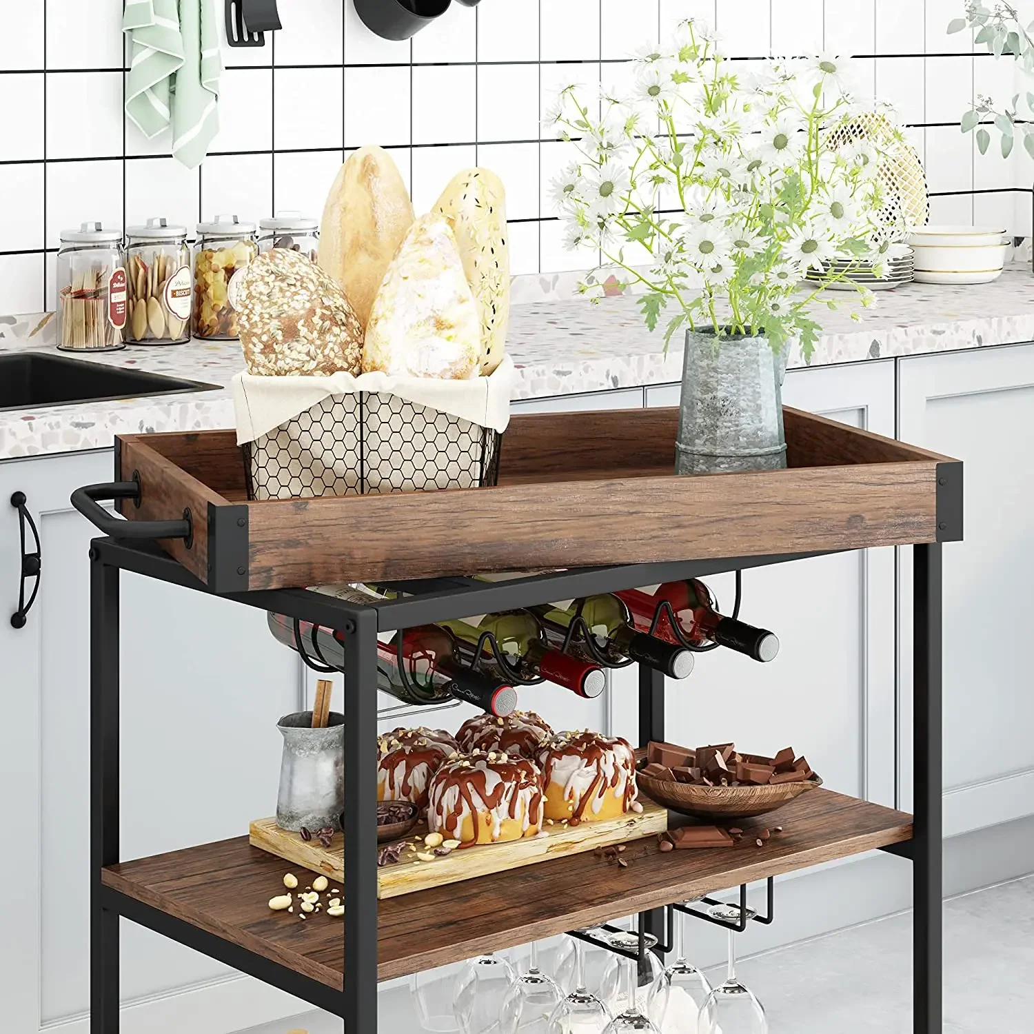 Bar Cart for Home Mobile Wood Metal Kitchen Serving Cart Storage Rolling Storage Cart with Drawers