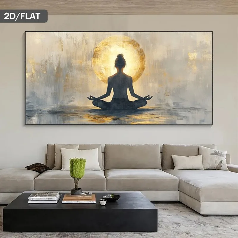 Modern Abstract Under Golden Frameless Female Meditative, Minimalist Zen Decor for Living Room & Bedroom,Neutral Color Palette