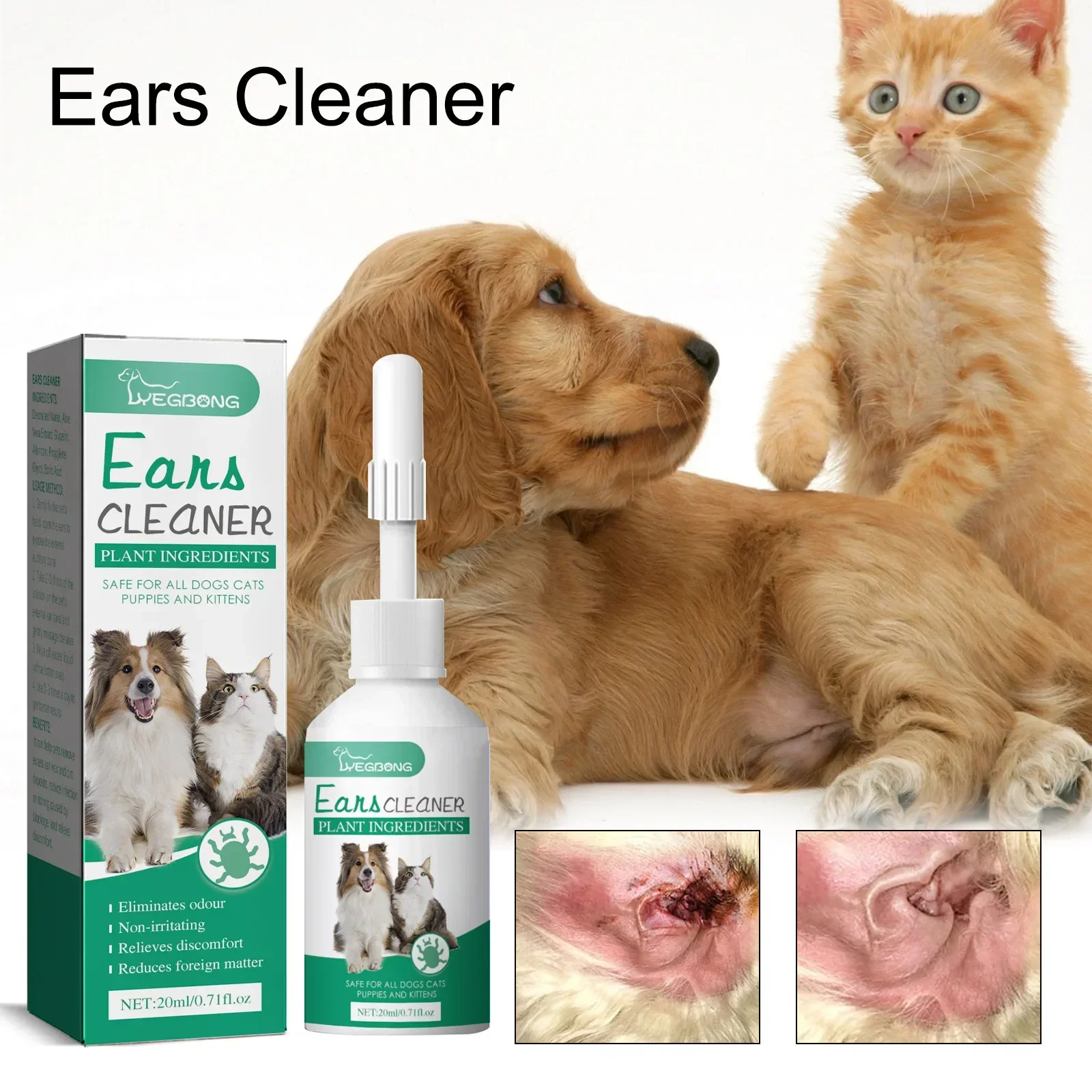 YEGBONG Pet Ear Drops, Universal Ear Mite Deodorization and Anti-itching Cleansing Ear Wash for Cats and Dogs