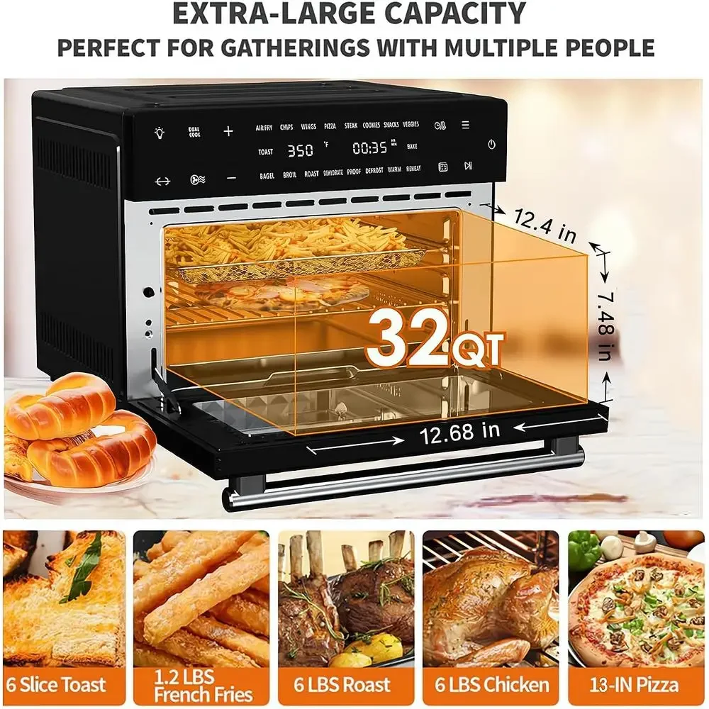 32QT Extra Large Toaster Oven Air Fryer Combo 18-in-1 Convection Bake Roast Broil Toast Dehydrate Rotisserie Timer Dual Function