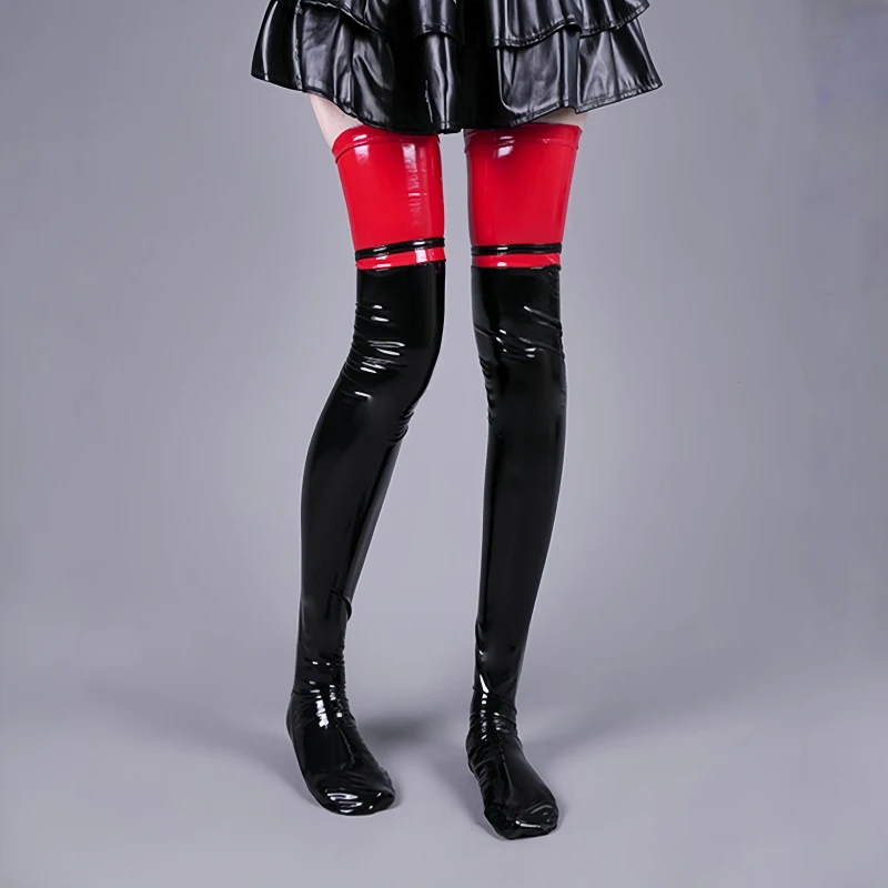 Contrast Color Wetlook PVC Leather Thigh High Stockings Gothic Punk Reflective Shiny Pole Dance Night Club Party Lingerie