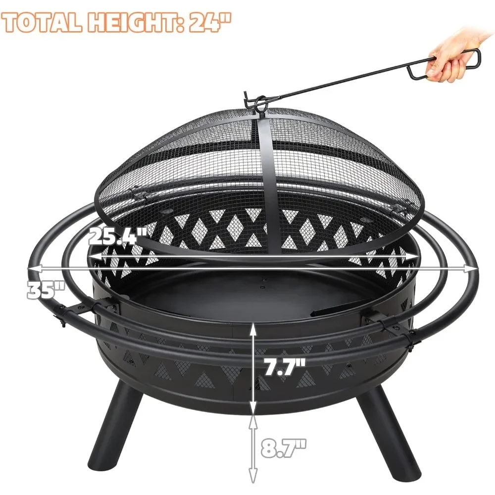 35 Inch Fire Pit, Outdoor Wood Burning Fire Pit Crossweave with Spark Screen Fire Poker with 2 Loops, for Patio Garden Bonfire