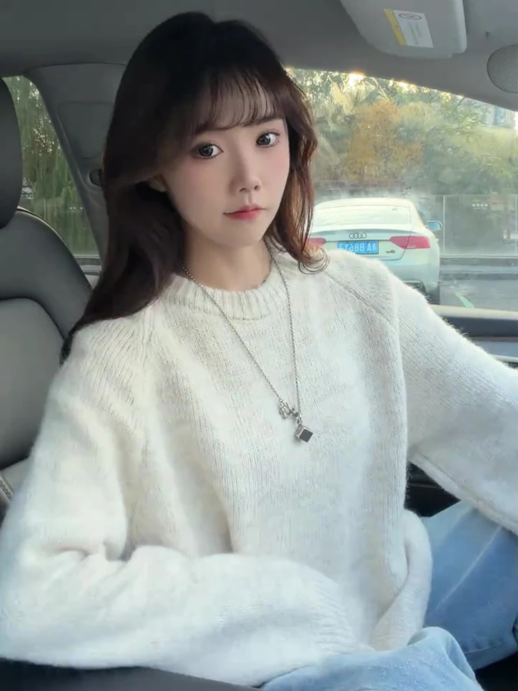 

Мужской зимний свитер из шерсти в американском ретро-стиле, нюдово-розовый, с круглым вырезом, вязаный, премиум-класса, для ношения в качестве базового слоя