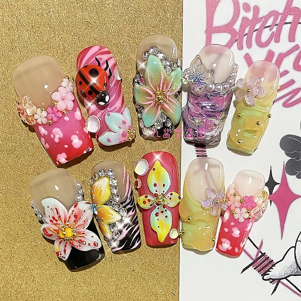 Phalaenopsis-prensa de alivio tridimensional para uñas, arte de uñas personalizado hecho a mano, Y2K