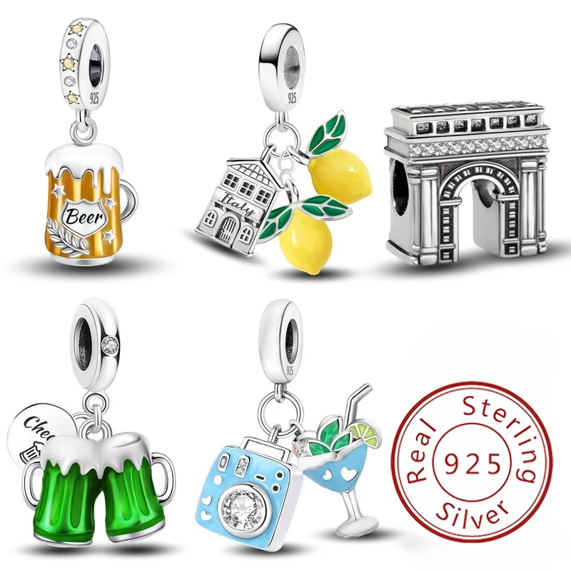 925 Sterling Silver Lemon Town Summer Camera Beer Casual Series Bead Fit DIY Bracelet Making Gift Of High Quality Fine Jewelry