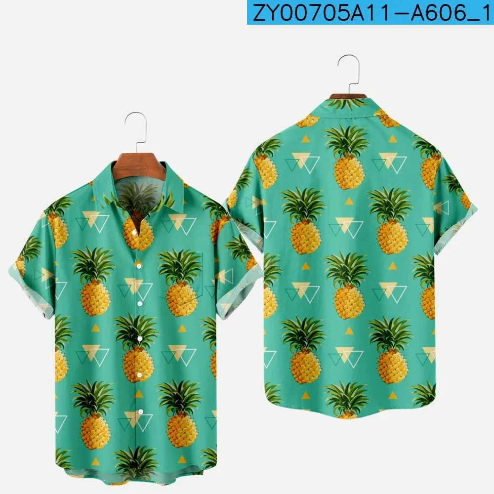 Blusa con estampado 3D de piña y fruta para hombre, camisa informal de manga corta con botones y solapa, ropa de calle de gran tamaño para playa