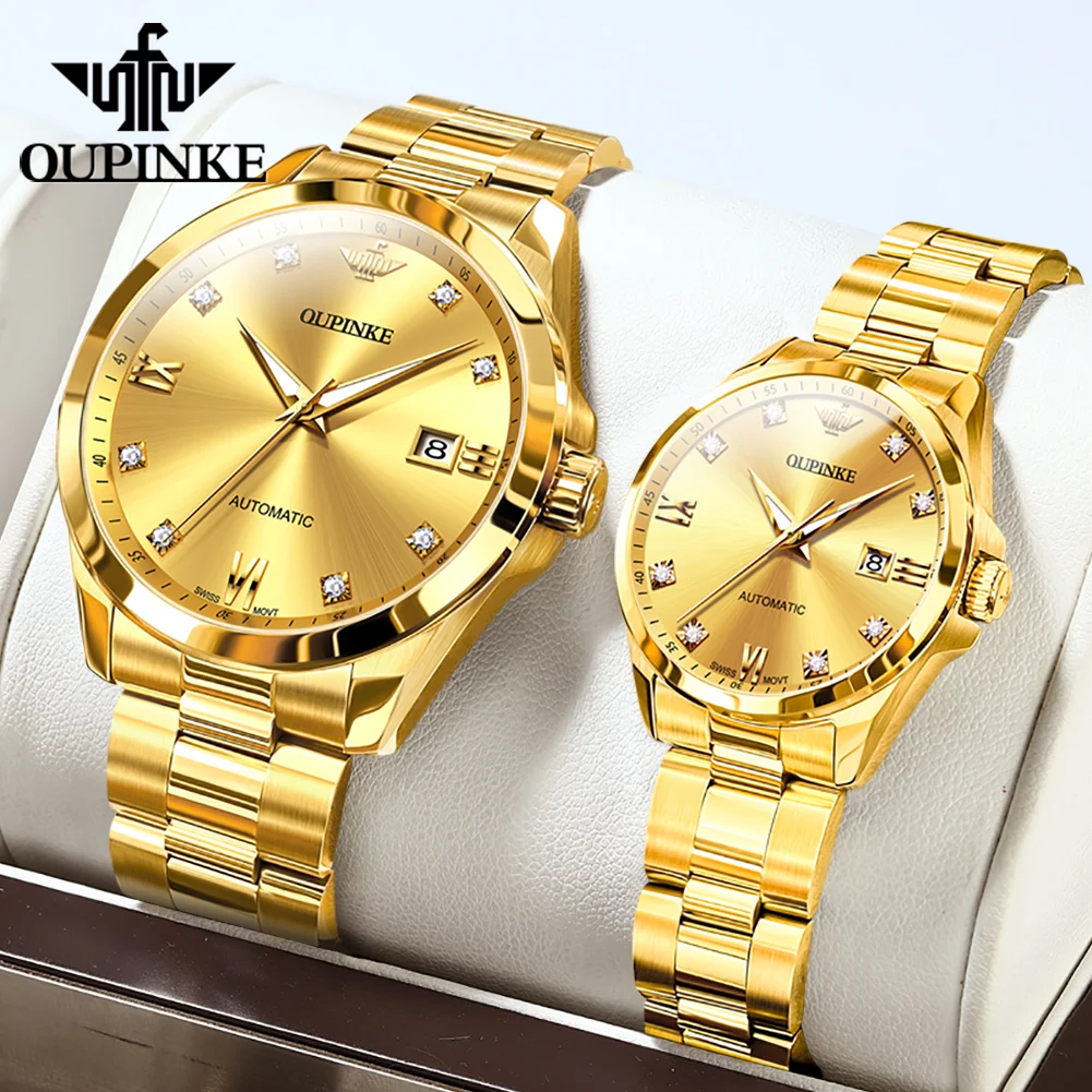 OUPINKE 3199 Real Diamond Couple Watch for Men Women Top Swiss Movement Automatic Mehcanical Wristwatch Luxury Lover's Watch Set