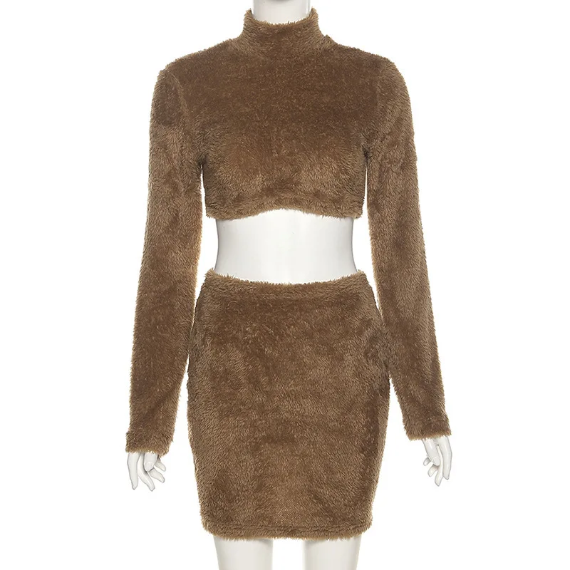 European and American Style 2024 Winter Women's Two-piece New Long-sleeved Cropped Plush Slim Top High Waist Bag Hip Skirt Suit