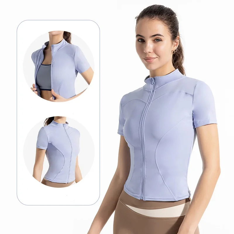 Y2k Summer High Quality Waist Slimming Training Tops Women Quick-Drying Tight Stand Collar Full Zipper Short Sleeves Yoga Shirts