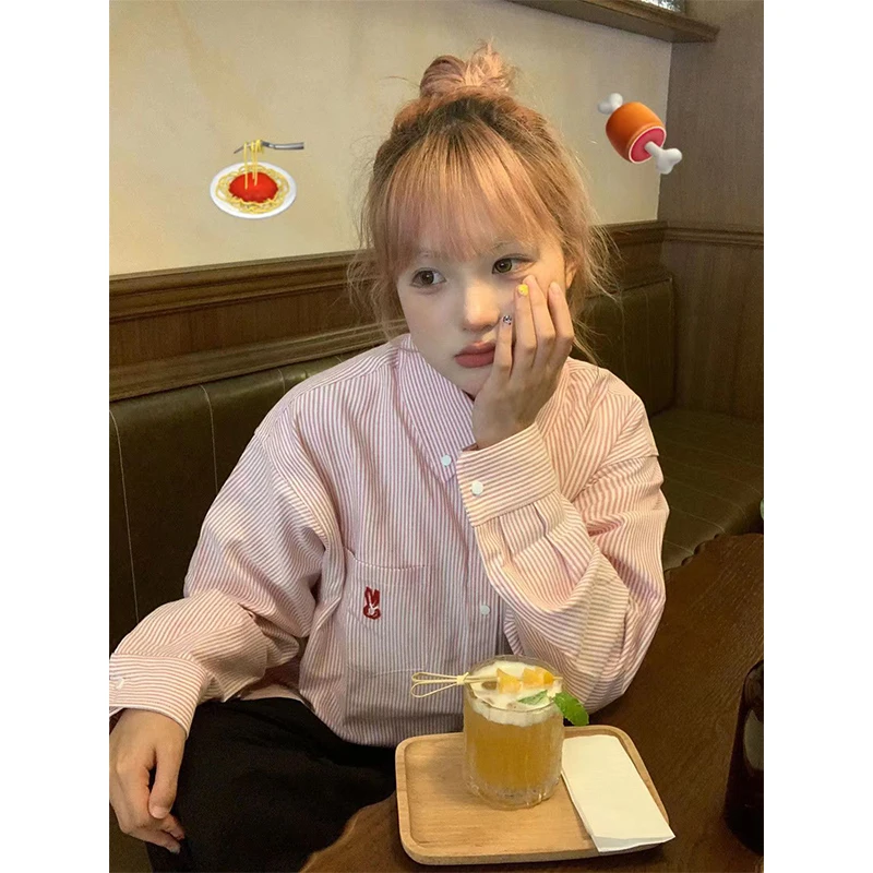 Harajuku Striped Shirts Women Pink Oversized Embroidery Long Sleeve Blouses Streetwear Korean Pocket Single-Breasted Casual Tops