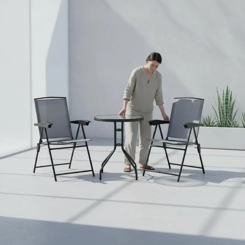 Ensemble de jardin 3 pièces : 2 chaises inclinables multi-positions pliables, table ronde en verre trempé, métal et textileène gris