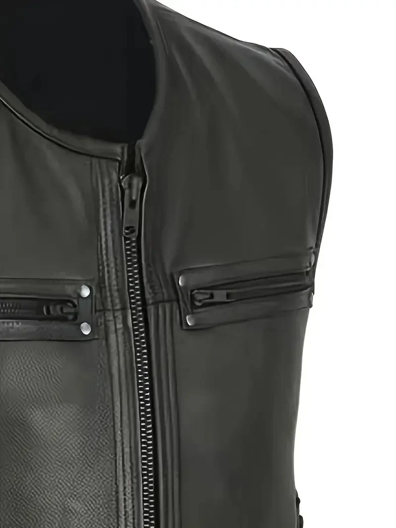 Herren-Motorradweste aus Kunstleder in Schwarz, ärmellose Punk-Biker-Weste mit Reißverschluss, seitlich geschnürte Oberbekleidung für den täglichen Gebrauch im Herbst. – Detail 7
