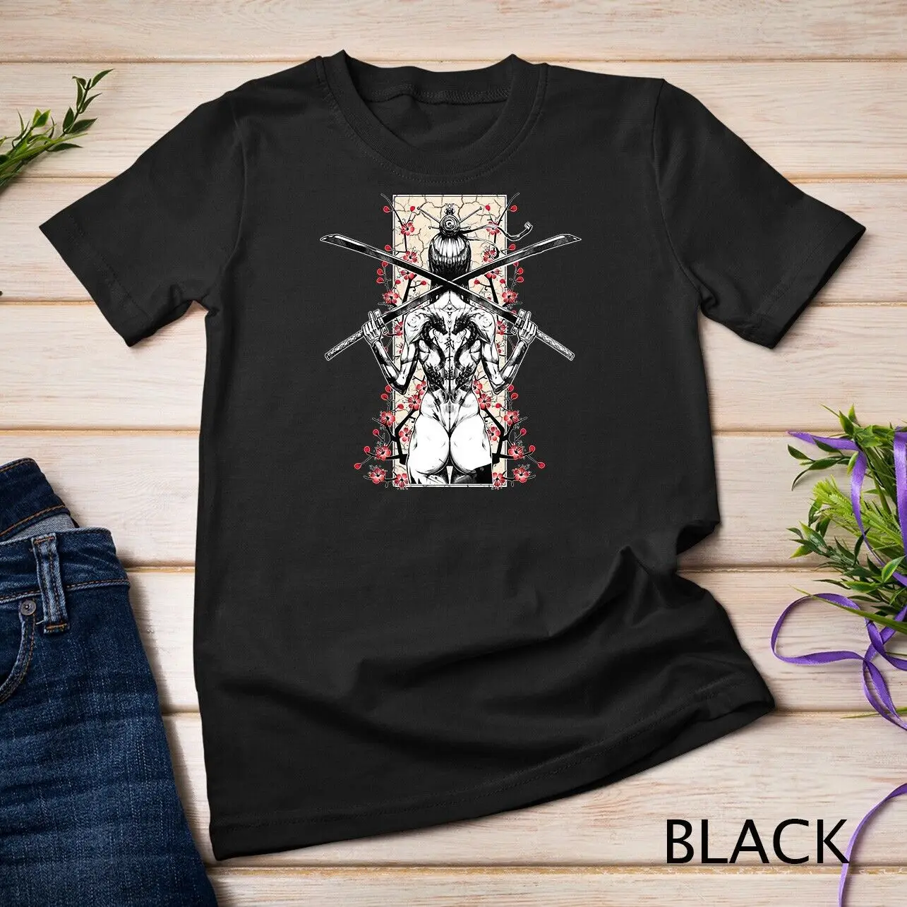 Japanisches Samurai-Mädchen und Vintage Sakura Kirschblüten Geschenk Unisex T-Shirt