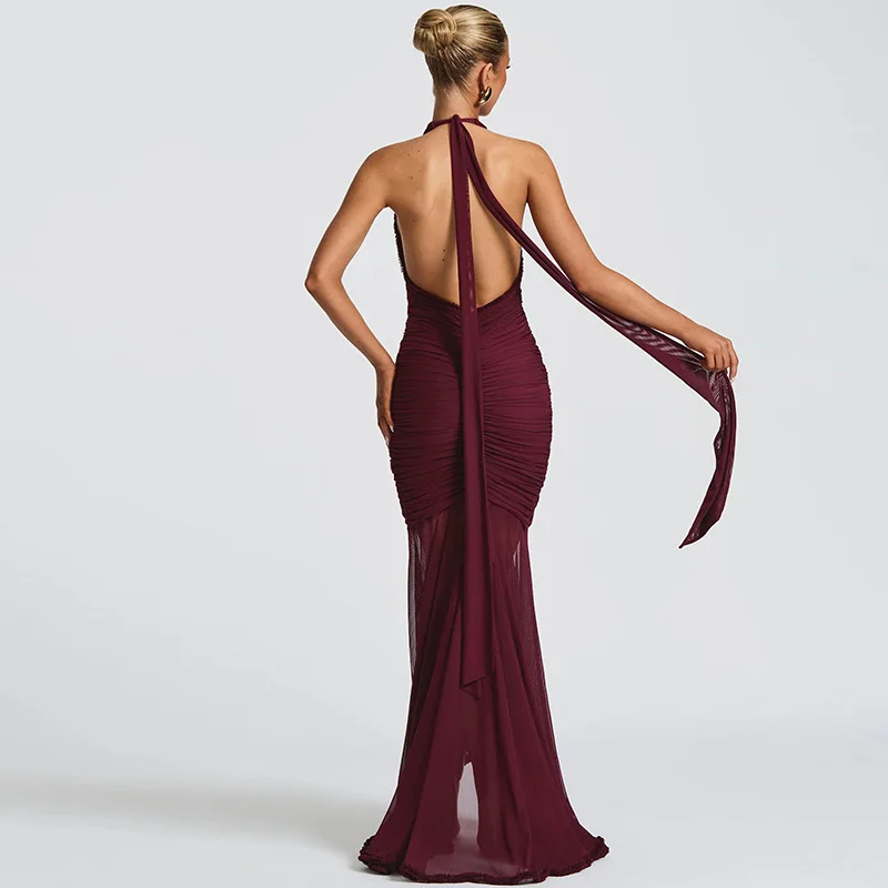 Elegant Red Sheer ตาข่าย Patchwork เซ็กซี่ Halter Backless Maxi ชุดผู้หญิงฤดูร้อน V คอ Ruched แขนกุดวันหยุด Party Dress