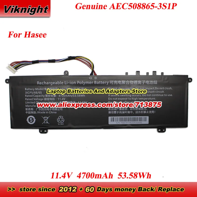 

Genuine AEC508865-3S1P Battery AEC508865 for Hasee X5-2021S5 X5-2021S5H HASEE X5-HINS02 Laptop Battery 11.4V 4700mAh 53.58Wh