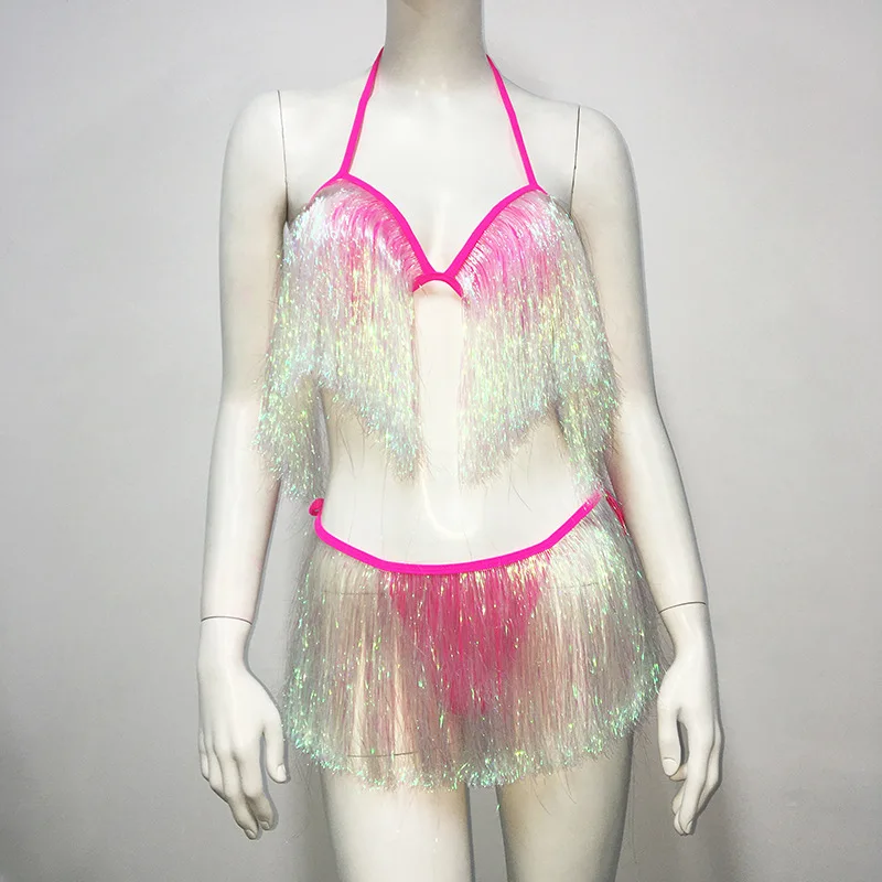 FestivalQueen-Maillot de bain à col licou à lacets pour femme, micro bikini sans fil, glands brillants, fête de festival de musique, sexy