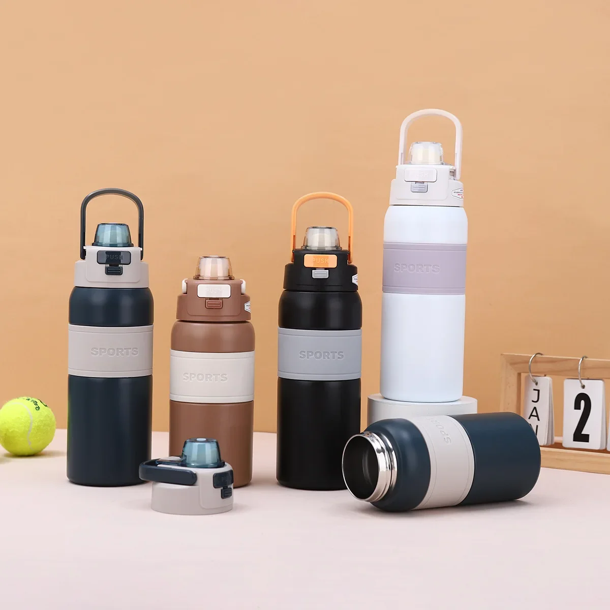 600/800ml Sports Thermos Cup With Bounce Lid Handle,Double Stainless Steel Vacuum Flasks,Outdoor Large Capacity Water Bottle